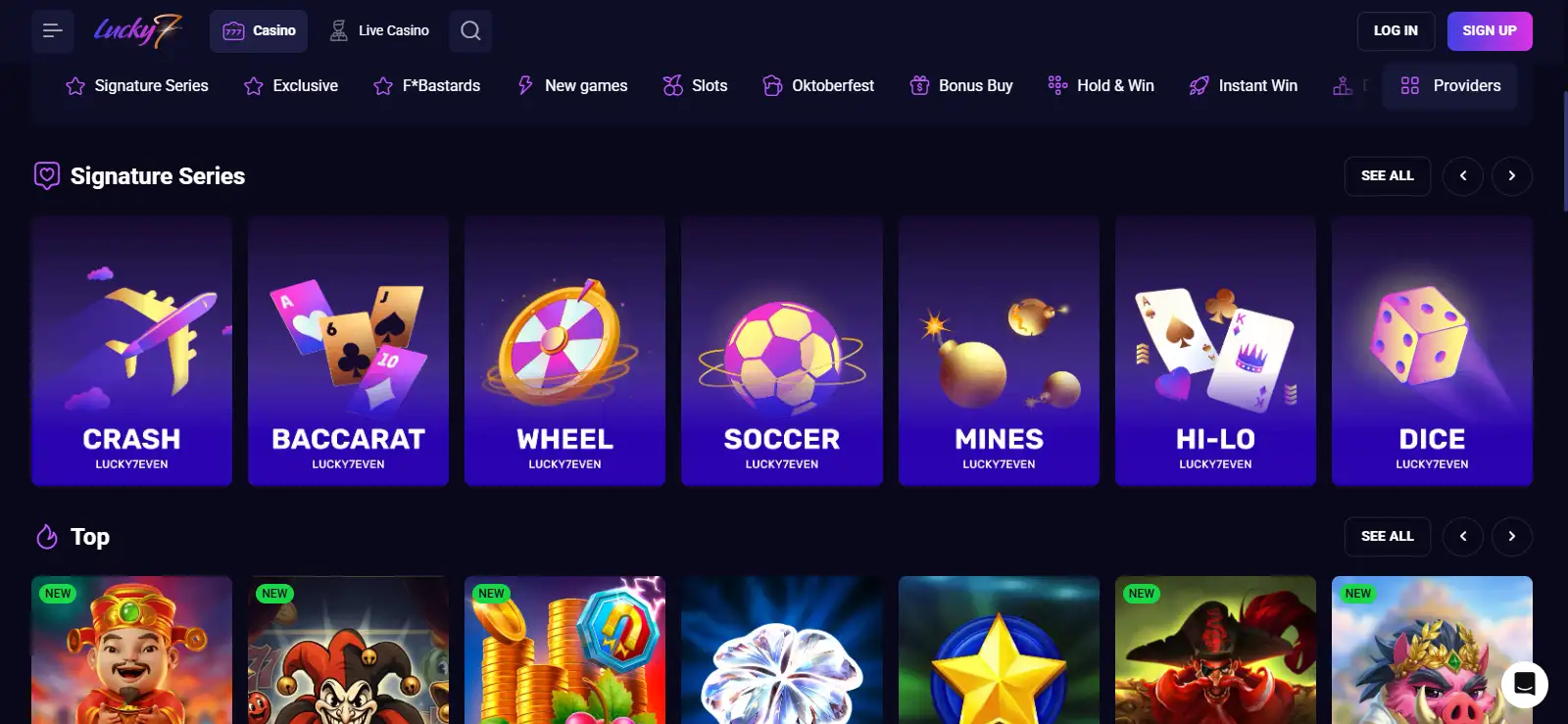 Lucky7even English-AU homepage interface