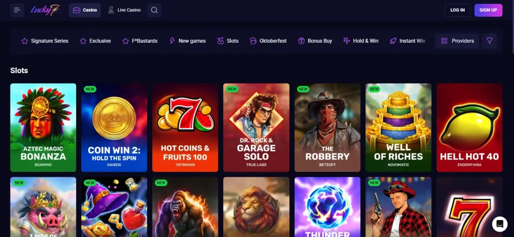 Lucky7even AU games lobby showing online pokies and live casino categories