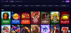 Lucky7even AU games lobby showing online pokies and live casino categories