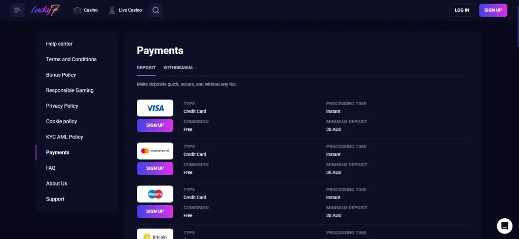 Lucky7even AU payments page showing payment method categories