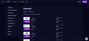 Lucky7even AU payments page showing payment method categories
