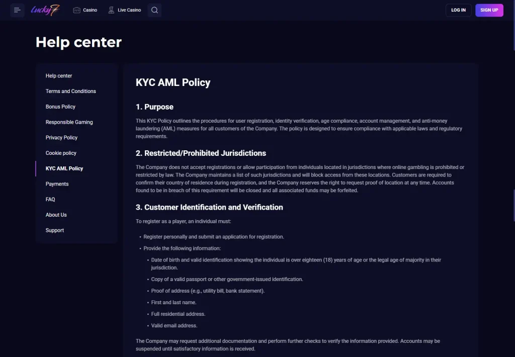 Lucky7even official KYC AML policy showing identity verification requirements