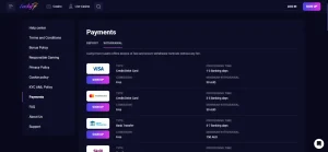 Lucky7even Terms section showing withdrawal limits and processing rules